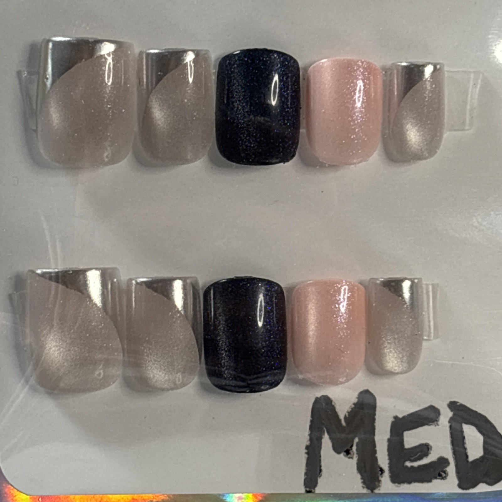 Press On Nails Sz.Med Square-Nails full set multicolored Cateye w/accent nails