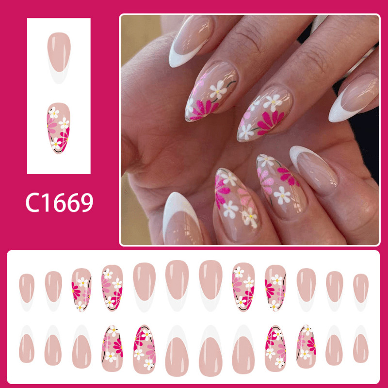 48 pieces of medium long almond nail pink daisy French style nail art