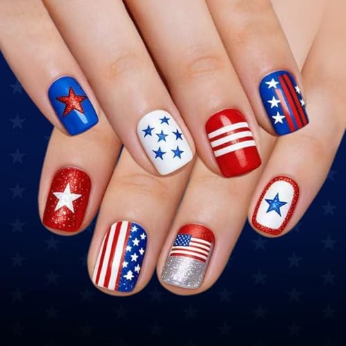 4th of July Press on Nails – Short Square Red White Blue Star & Stripe Style-11