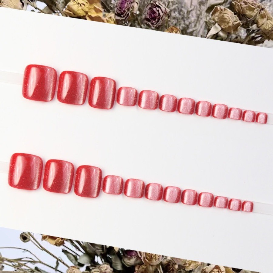 48Pcs-Short Square Red Cat Eye Glitter Simple Toe Press on Nails