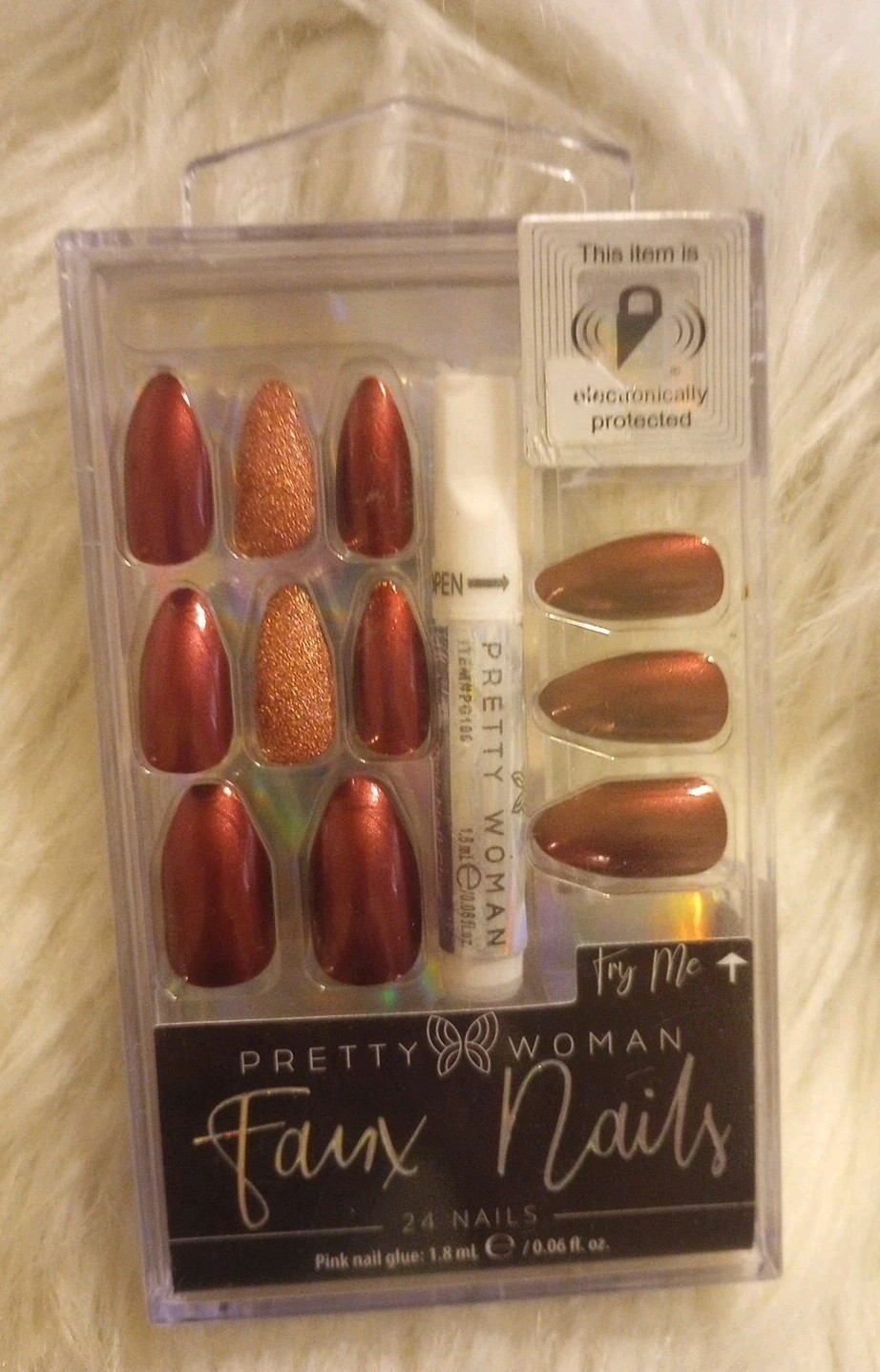 24 Nails Burgundy Press on Faux Fake False Fingernail Pretty Woman Glue Glitter