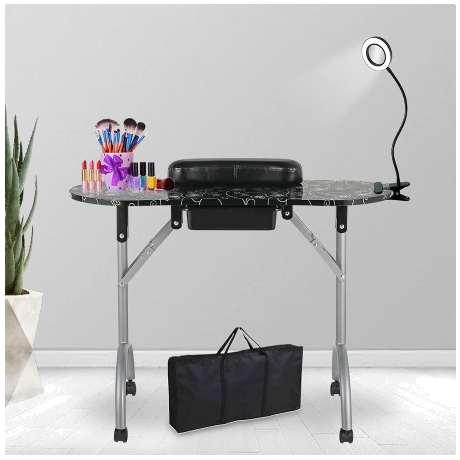 Professional Black Manicure Table 36”L with USB LED Light & Comfort Sponge Pad