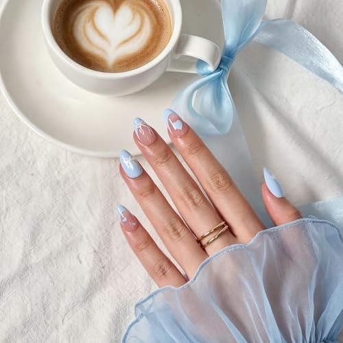 Blue Bow Almond Sweet Hour Press on Nails – Easy-to-Apply