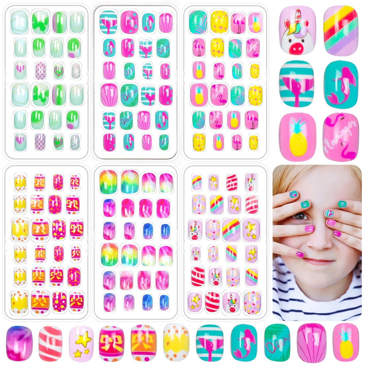 144 Pieces Fake Nails for Kids Girls Artificial Press on Multicolor