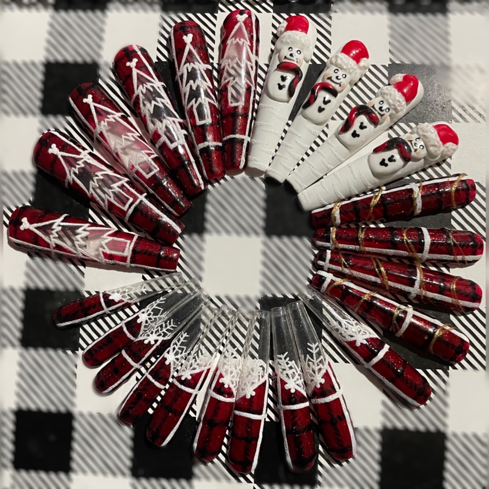 press on nails custom 24 3XL Christmas tree snowman 3-D coffin plaid red sparkle