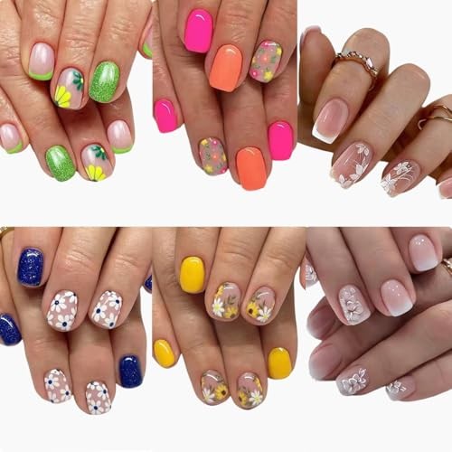 6 Packs (144 Pcs) Flower Press on Nails Short Square Fake Nails Floral Style-8