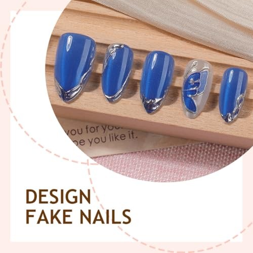 Royal Blue Cat Eyes Nails – Short Almond Fake Nails – Nails-221
