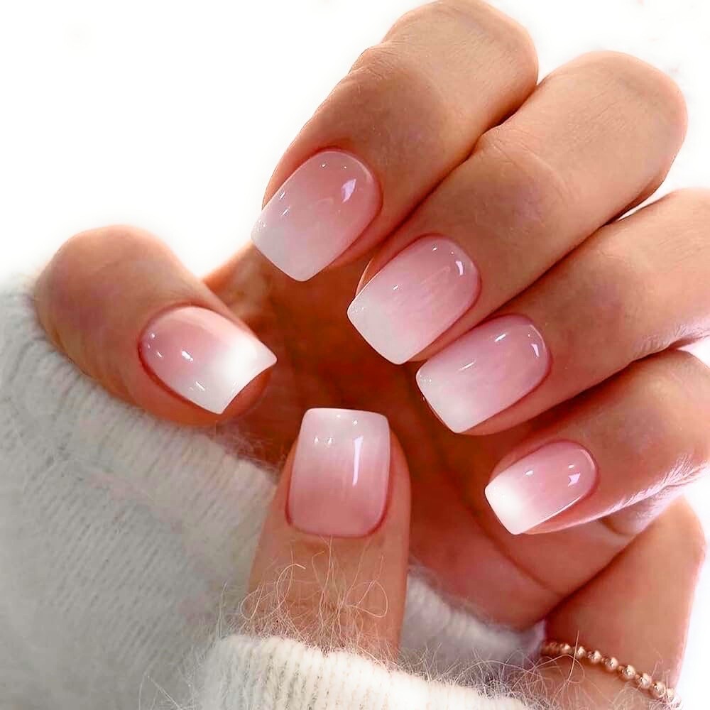 Short Press on Nails Coffin Fake Nails Nude Pink Stick on Nails Solid Color-24