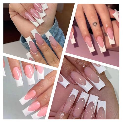 French Tip Press on Nails Medium Square Fake Nails Press ons with Design style6