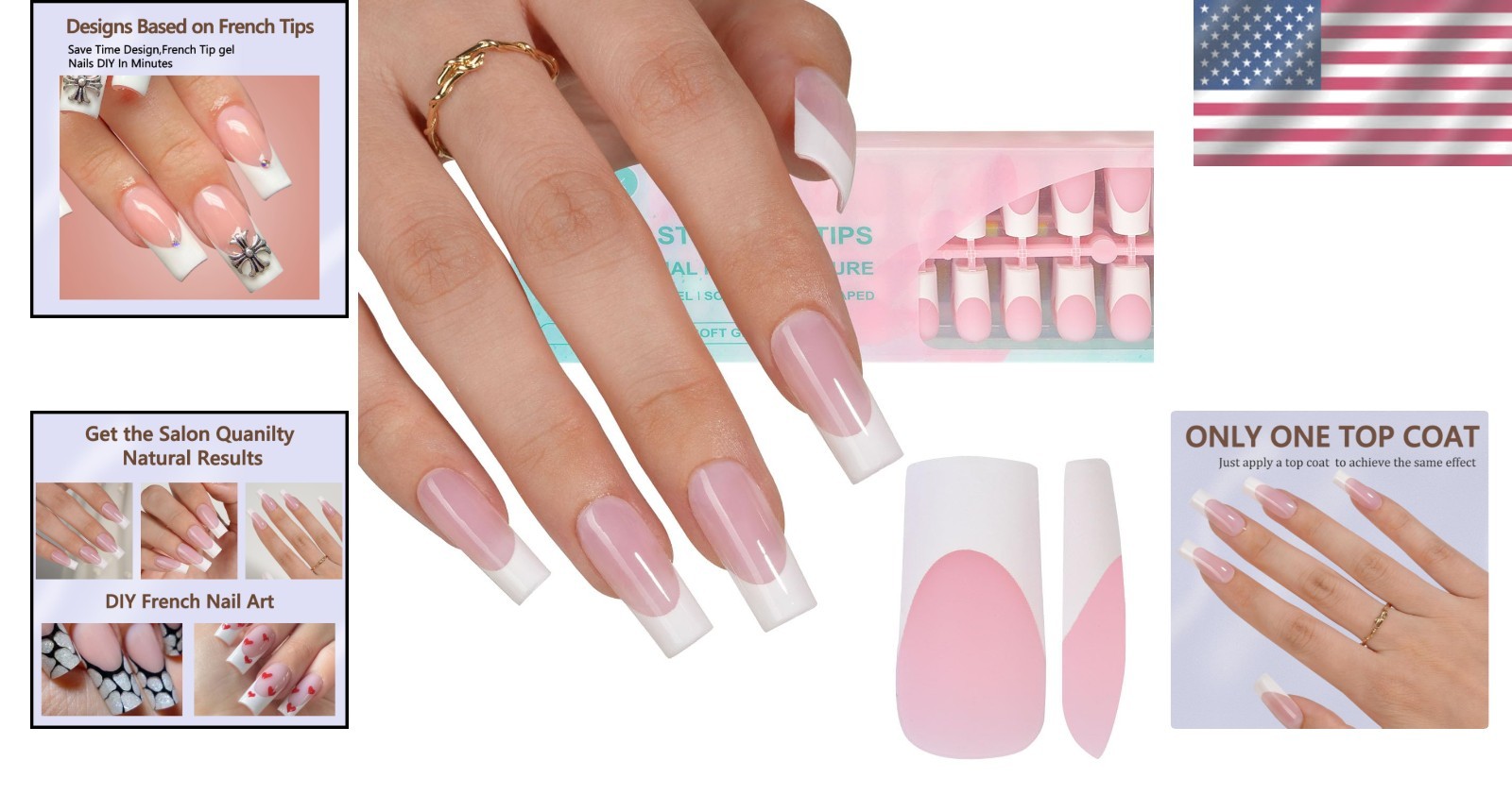 240Pcs French Gel Nail Tips – 15 Size Pink Long Square Press-On Designs