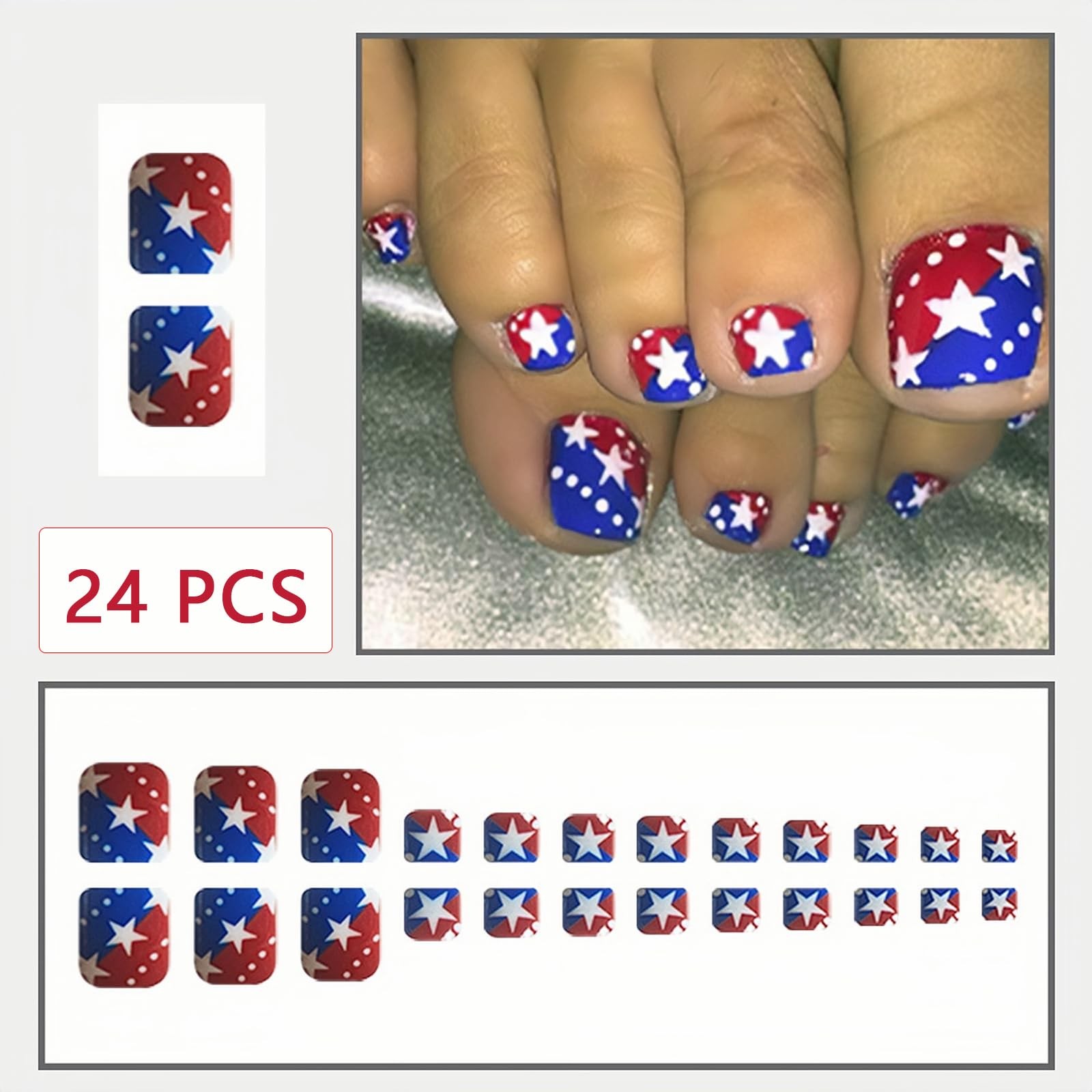 24Pcs 4th of July Press on Toe Nails Short Square Fake Toenails Glossy Red Bl…