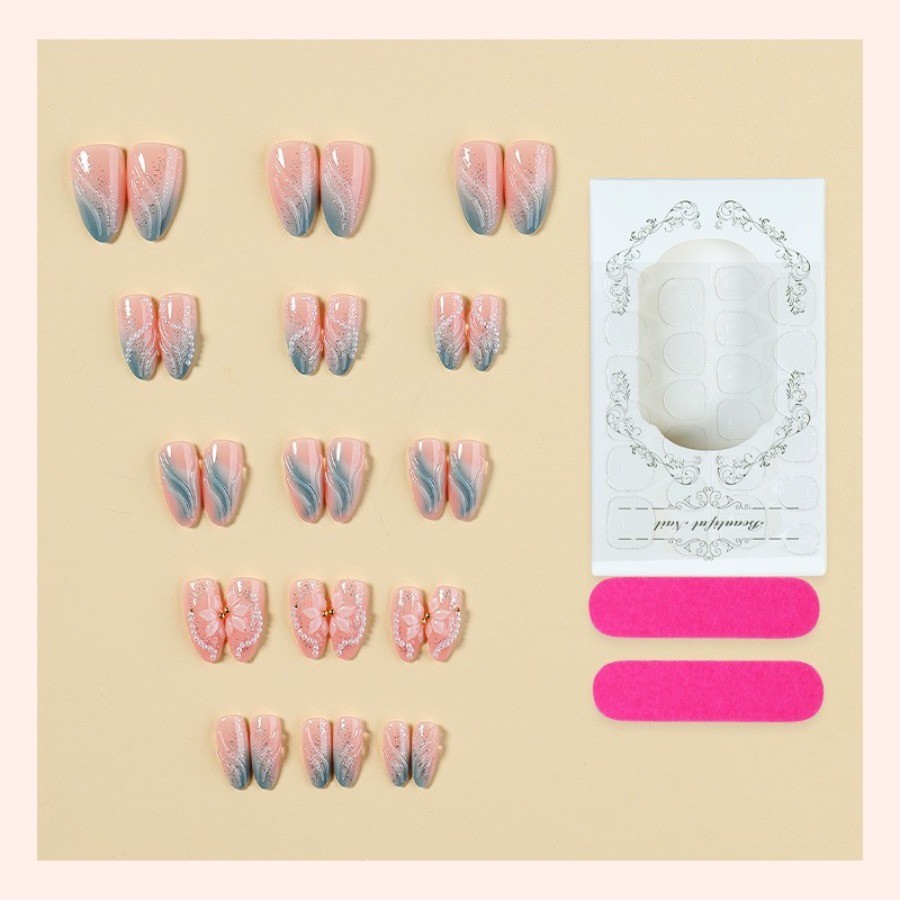 60Pcs-Long Almond Teal Wave 3D Floral Pearl Rhinestone Fake Press on Nails Set