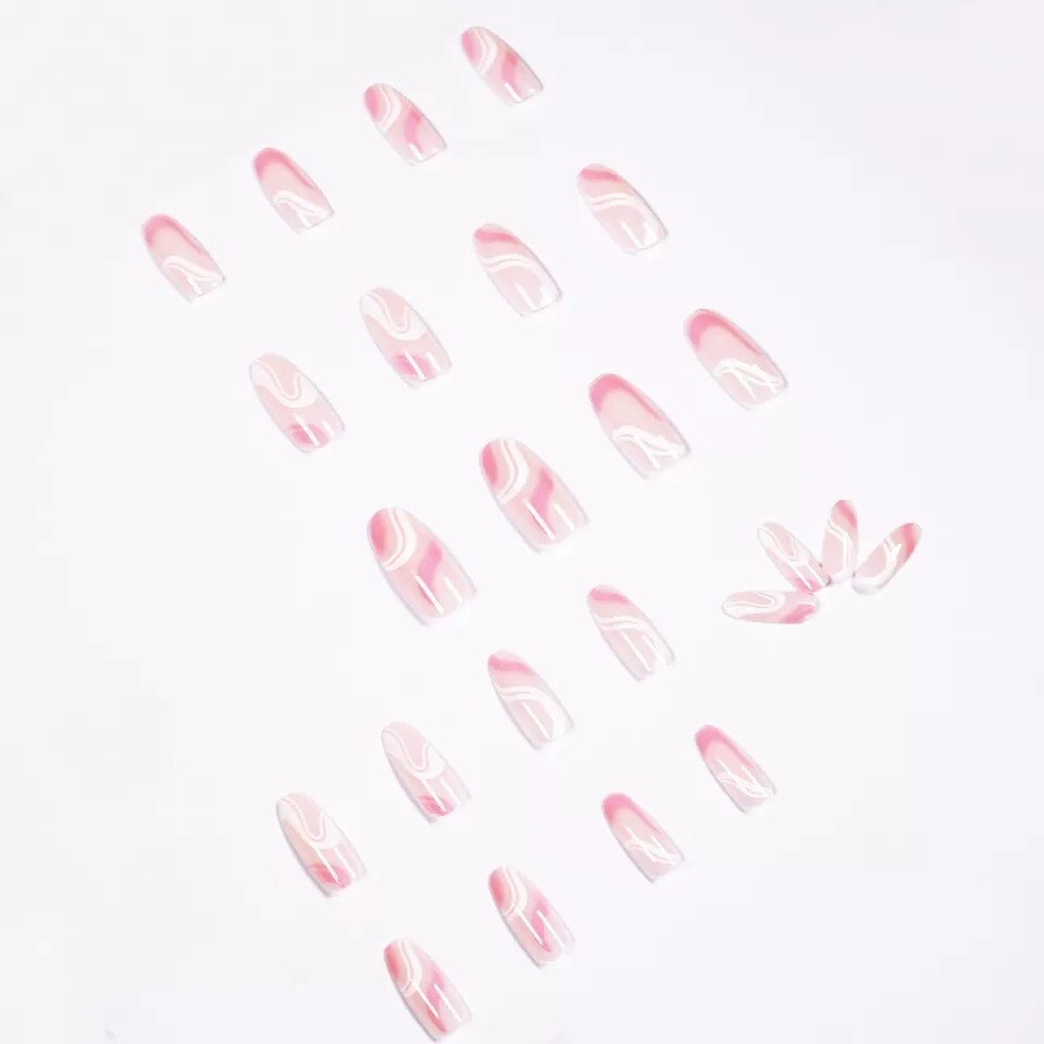 24 Pink White Swirl Press on nails kit with glue groovy wavy 70s retro nude
