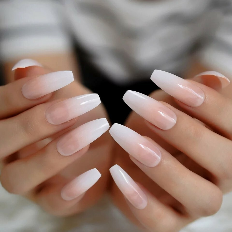 Ombre French Tip Press On Nails Extra Long Coffin White Nude Baby boomer classic