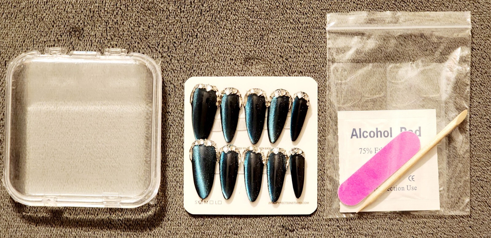 Long Blue Cats Eye Almond Press on Nails With Glue Tabs Bling Reusable New Small