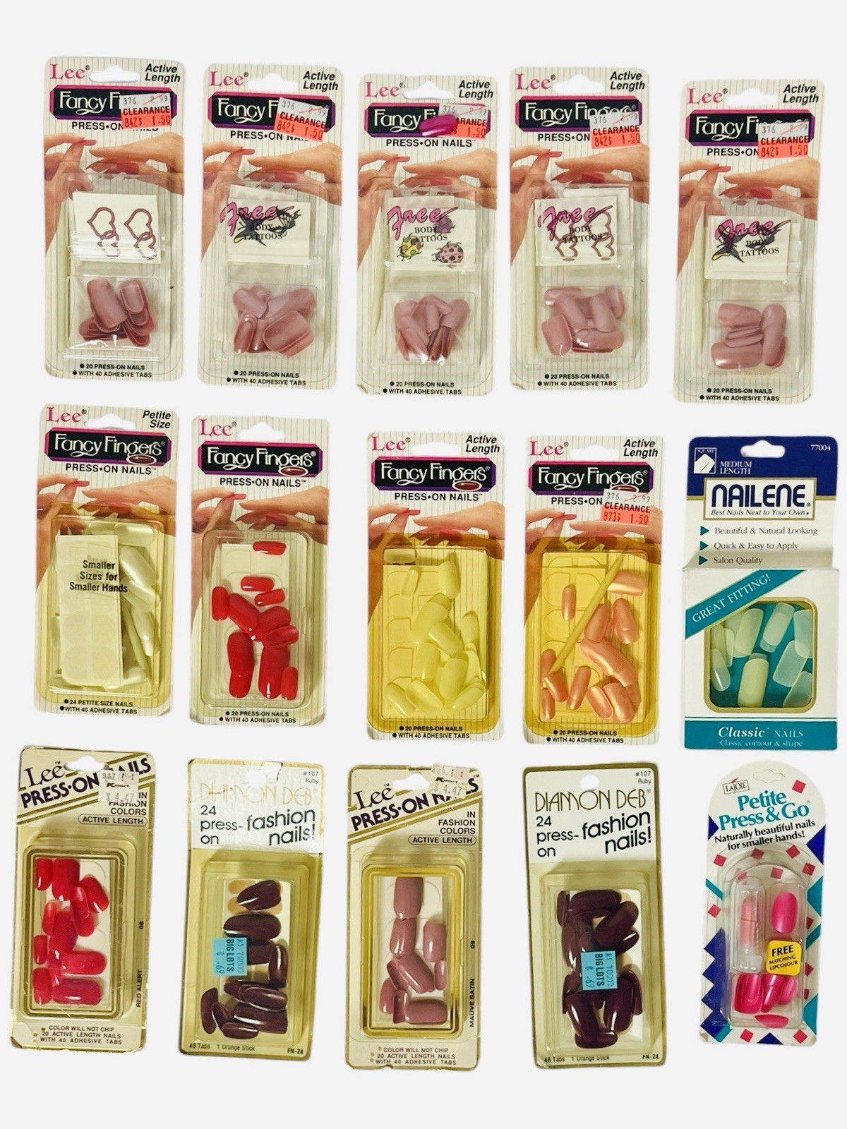Vintage Lee Press On Nails Lot Of 15 Sets Pink, Red, White Purple -NEW OLD STOCK