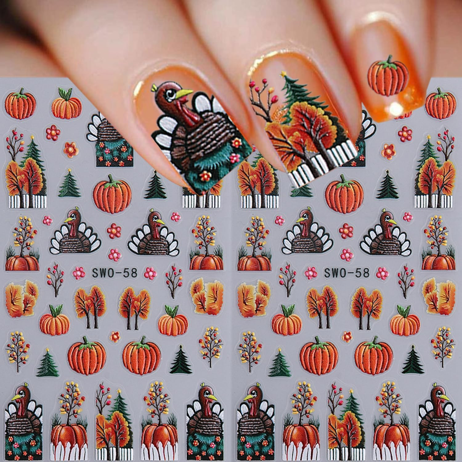 2 Sheets Thanksgiving Nail Stickers for Nail Art 5D Self-Adhesive Fall Nail Art