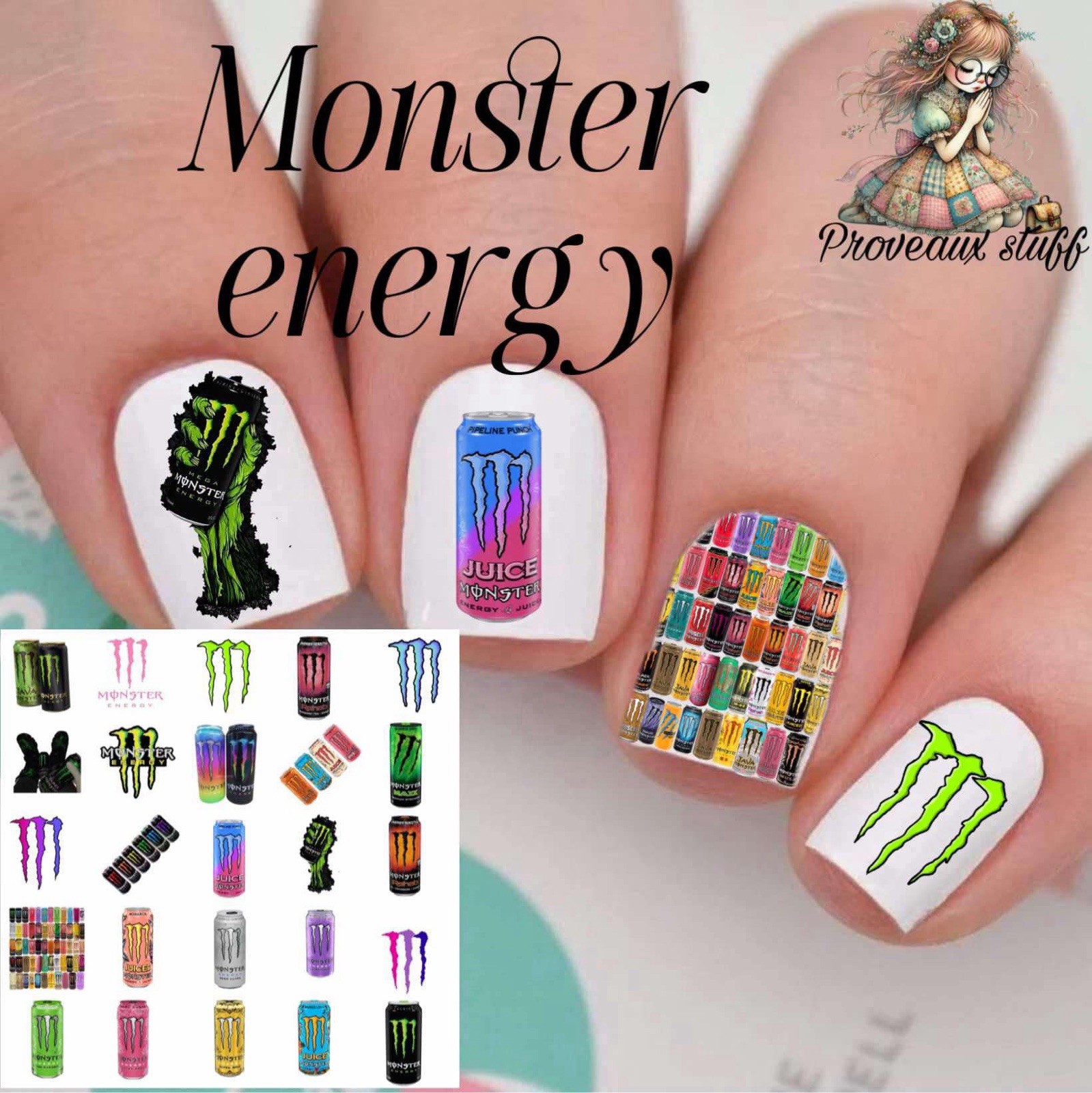 Monster Energy Waterslide Finger Nail Decals Instructions set of 50 SS Bonus