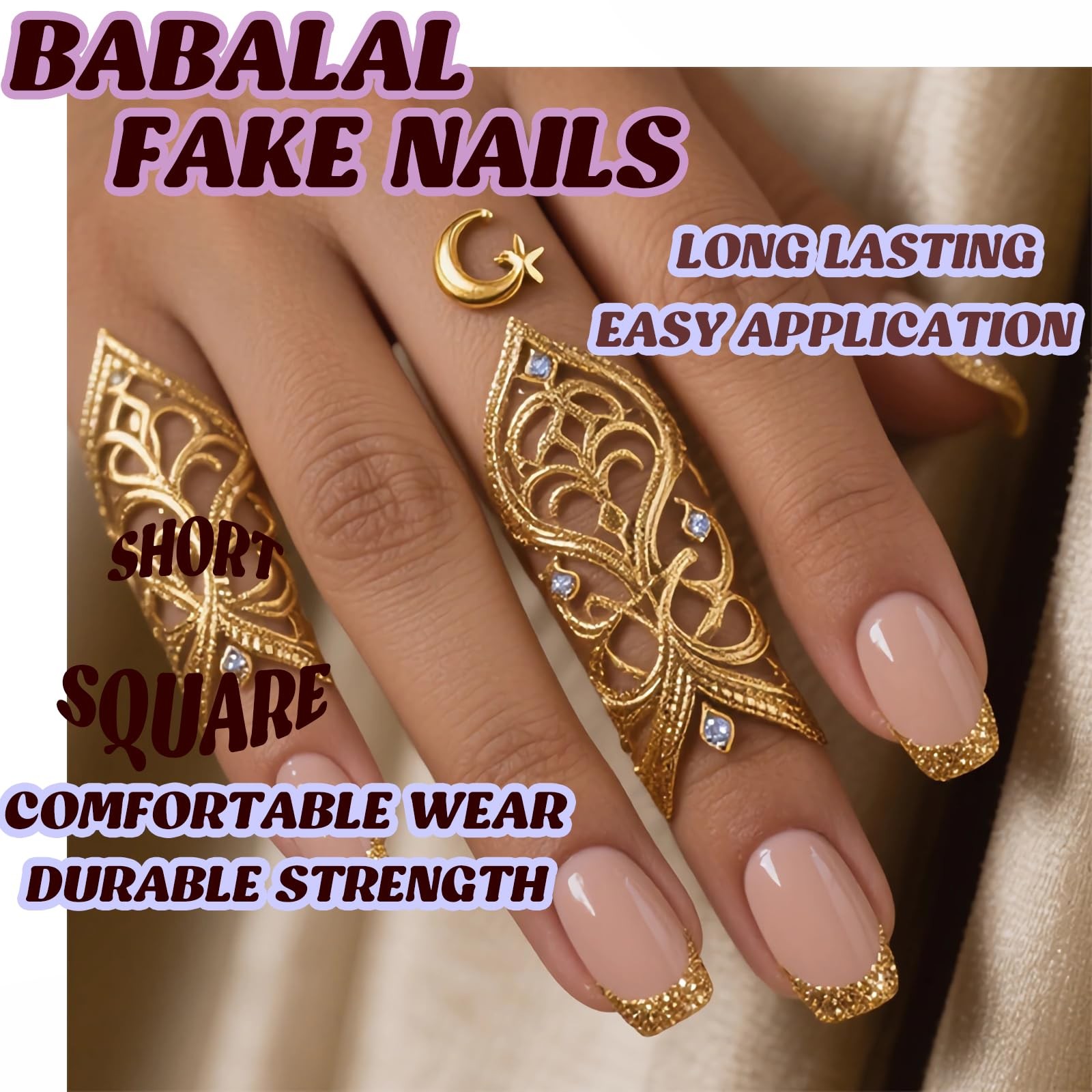 Press on Nails Short Square Fake Nails Supplies Gold Bling Glue ons French Ti…
