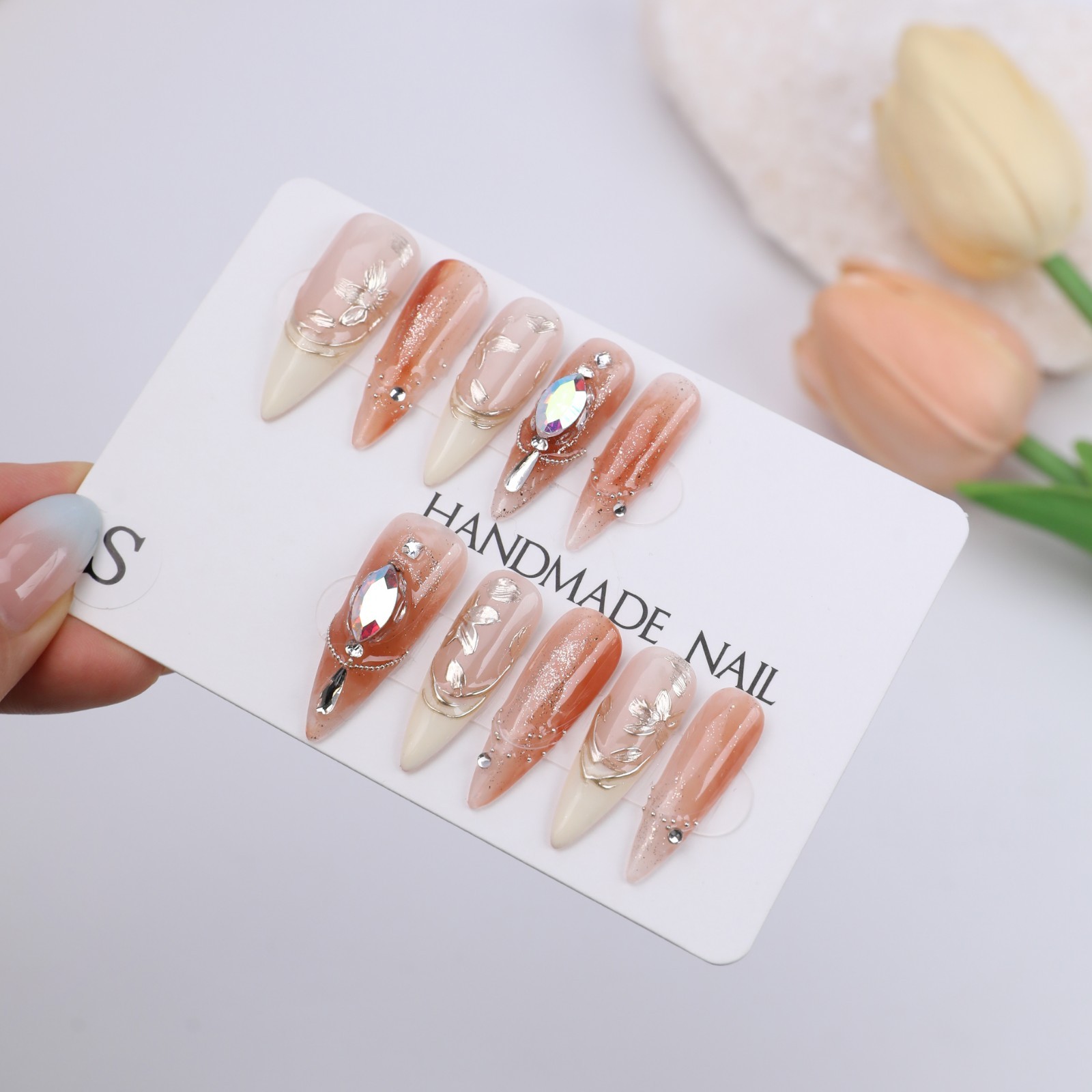 Honey Tea Pink Brown Ombre Press On Nails Medium Stiletto Gold Foil Rhinestone