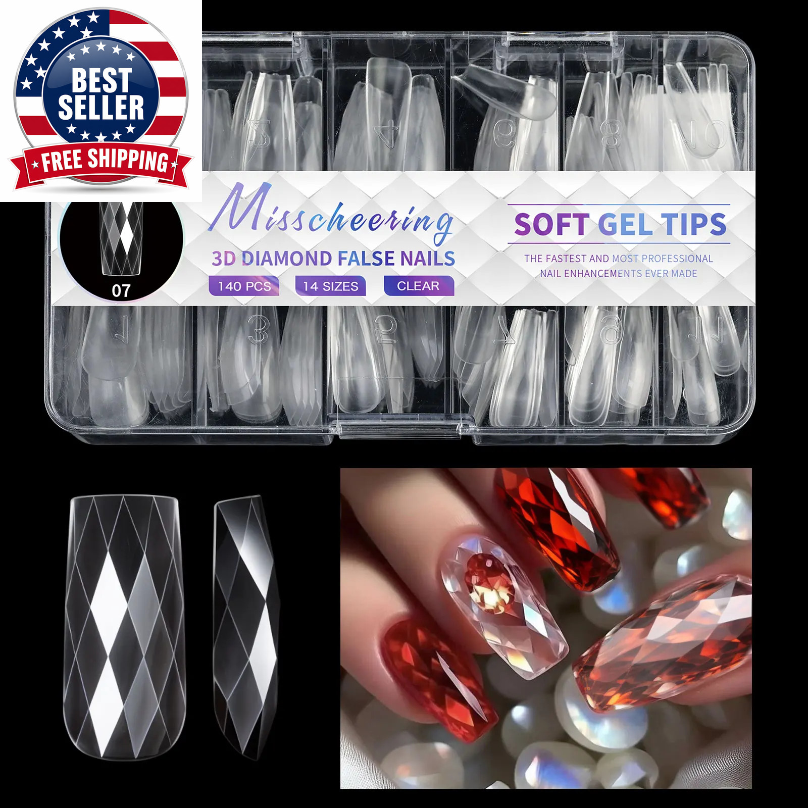 Diamond Shaped 3D Almond Nails Transparent Non-Marking Frosted Square Oval Weara
