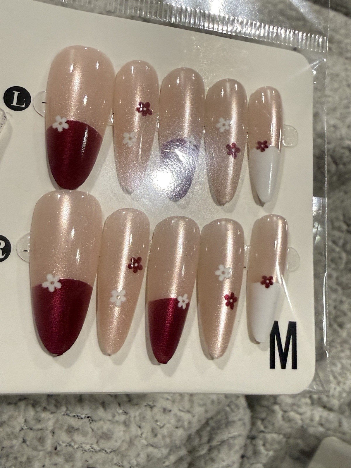 Medium Almond Press-On Floral Nails with Burgundy French Tips, Cat-Eye