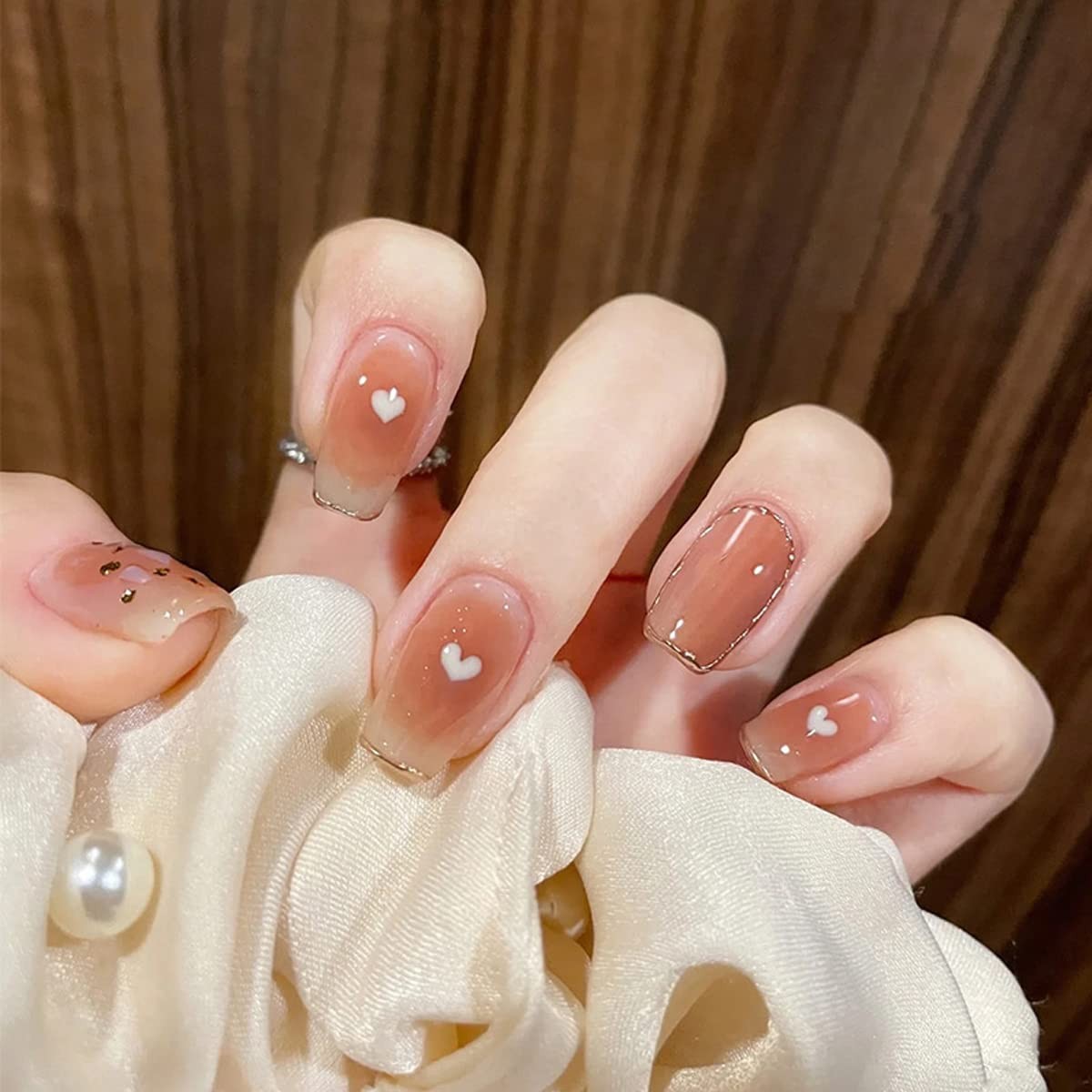 Nude Color Gradient Heart Love Press on Nails Short,Valentine’s Day Fake Nail…