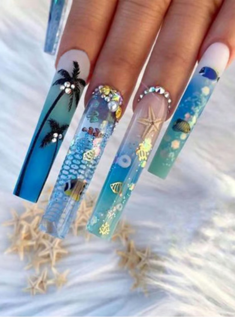 Blue Rhinestones Pearl Palm Tree Ocean Summer Style Press On Nails NEW coffin