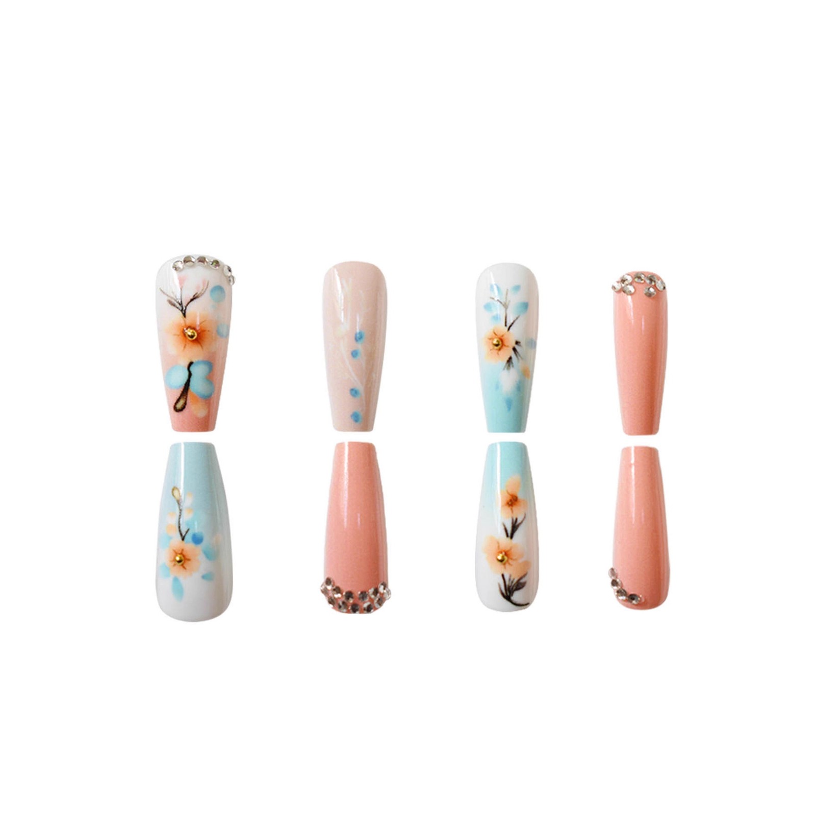 24PCS Sweet Cool 3D Floral Coffin Rhinestone Contrast Ballet Short Press On Nail