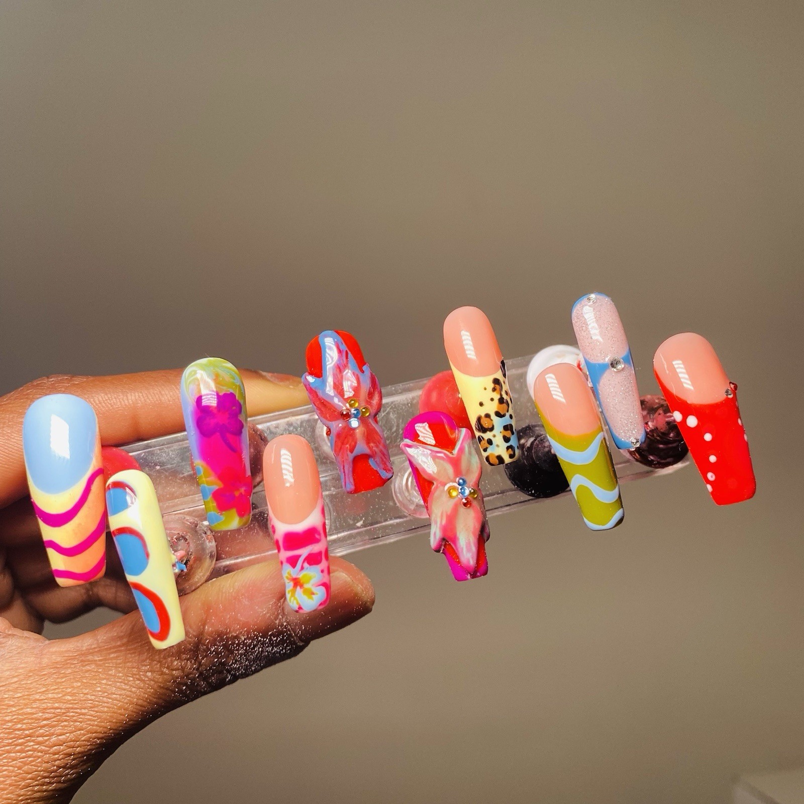 Authentic Nail Arts by Dia Long Coffin Press-On Nails Multicolor 3D Shiny