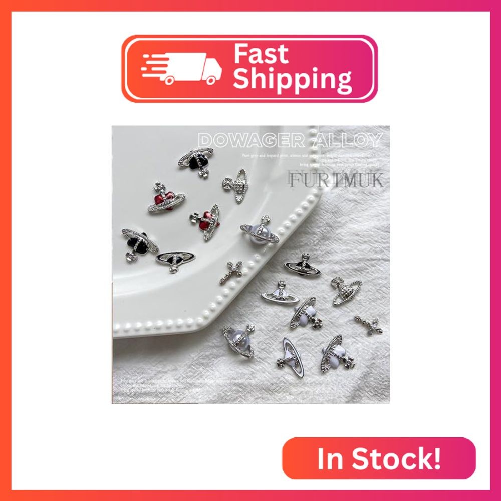 30 PCS Heart Planet Nail Art Charms – Rhinestones, Red, Black, White 3D Cross, S