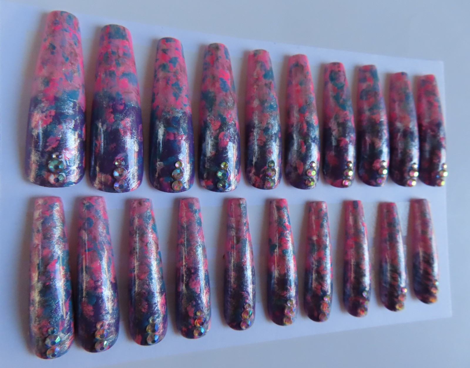 XL Pink Purple Blue Silver Metallic Rhinestone Splatter Coffin Press On Nails