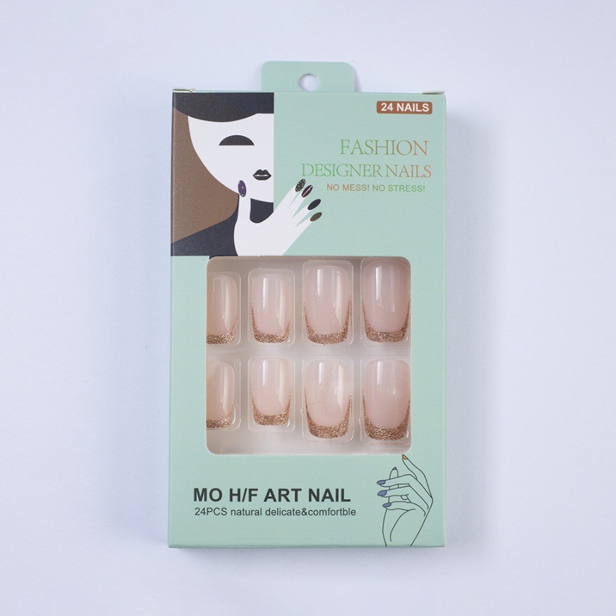 48pcs-Pink Glitter French Tip Nails, Press on Medium Square with Sparkly Ombre