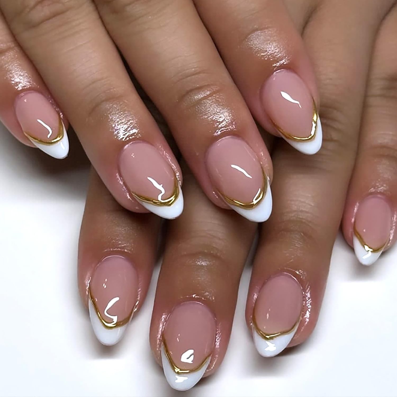 24Pcs White French Tip Press on Nails Short Almond Fake Nails with Chrome Gol…