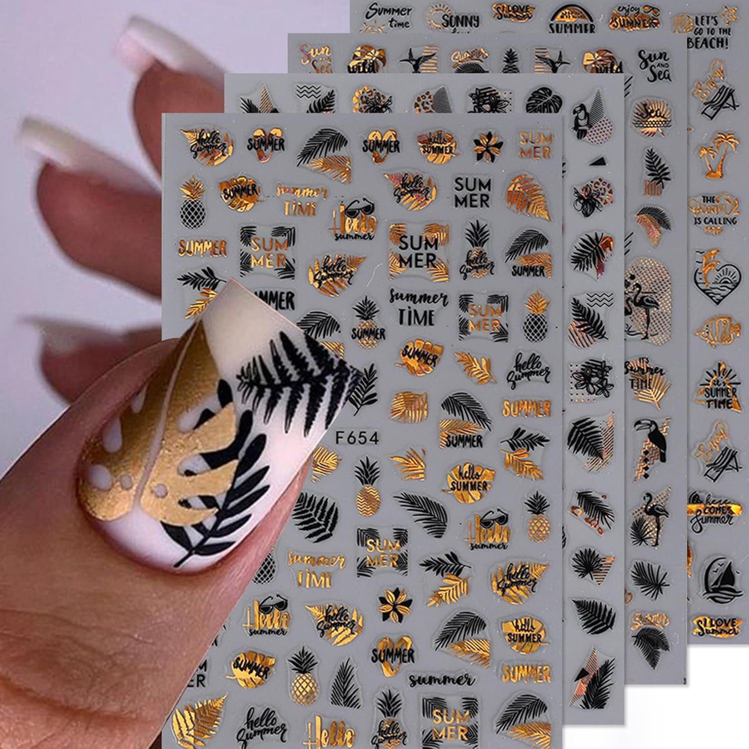 Leaves Nail Art Stickers 12 Sheets Metallic Gold Silver Palm Leaf Flamingo Na…