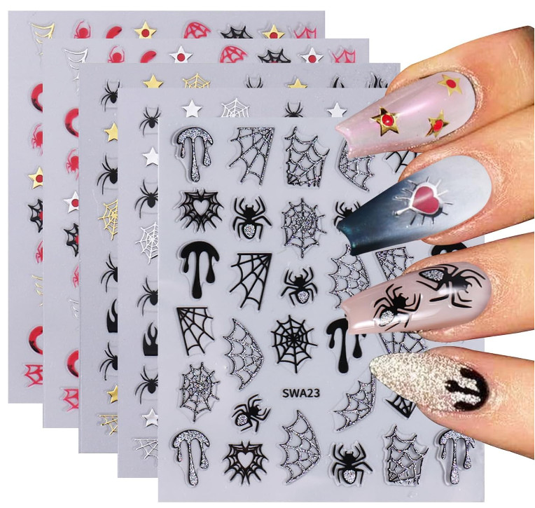 Halloween Nail Art Stickers Black Red Spider Web Blood Star French Decals NH27