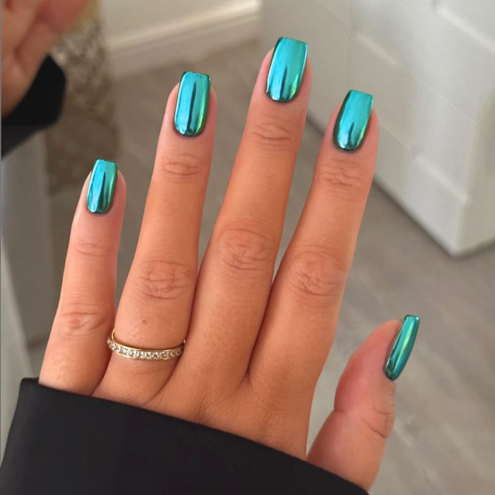 Mirror Metal Teal Blue Press on Nails Medium Short Square Chrome Glazed Short…