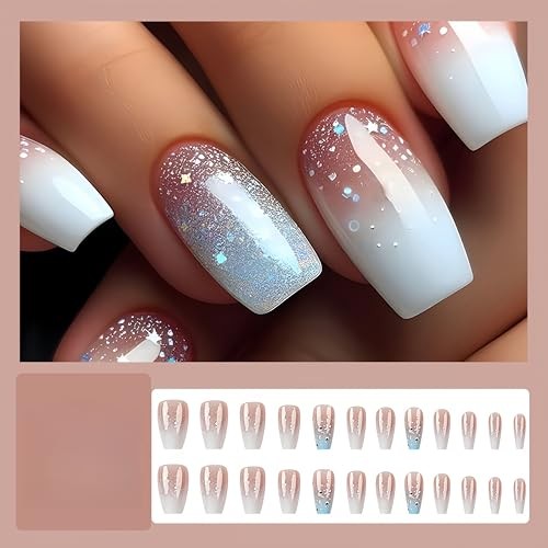 Square Press on Nails Medium Fake Nails Blue Ombre False Nails with blue ombre