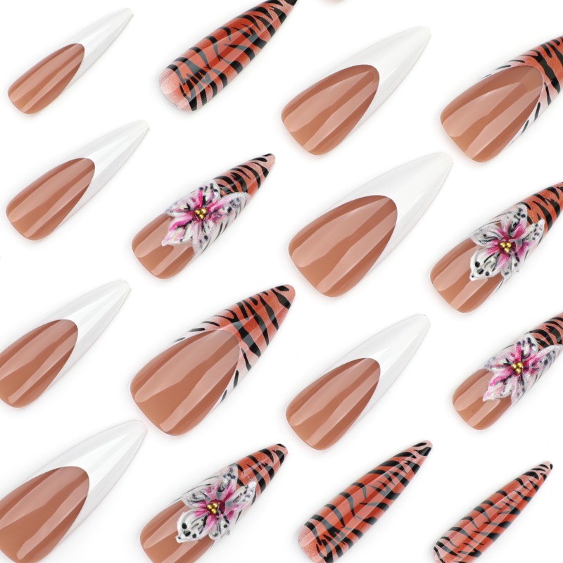 Tiger Print Press on Nails with 3D Pink Flowers and White French Tips, Stiletto