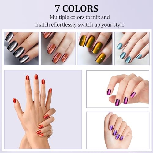 210pcs Cat Eye Press on Nails for Women 7 Colors Short Square Chameleon Series