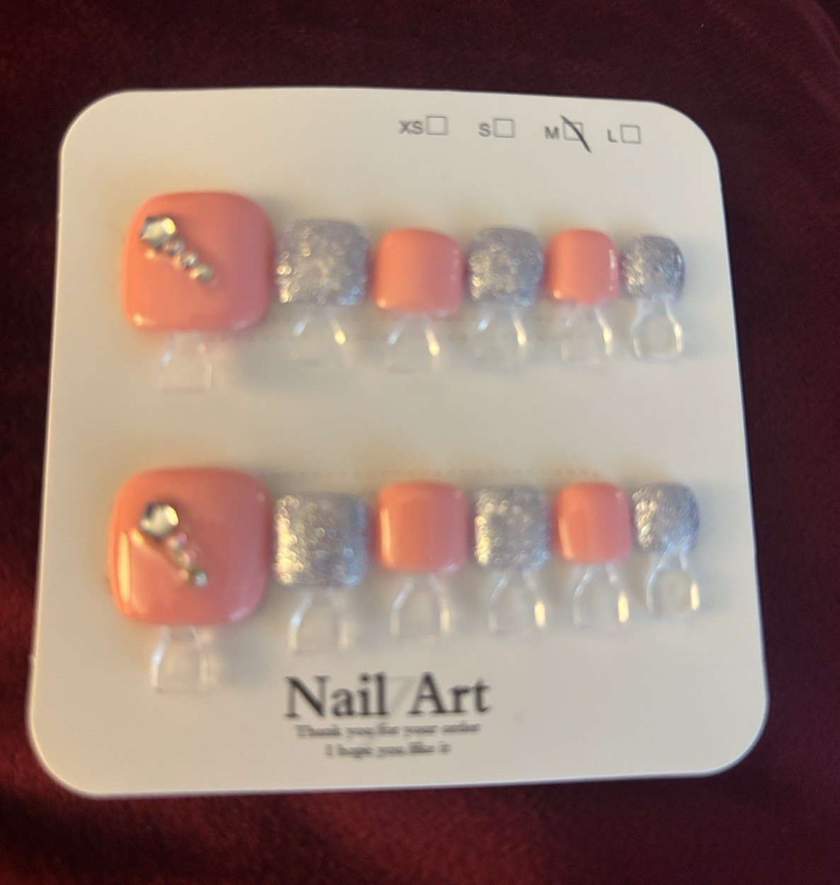 Press-On Nails Set Pink/Silver Glitter Rhinestones Pre-Designed Square Toe