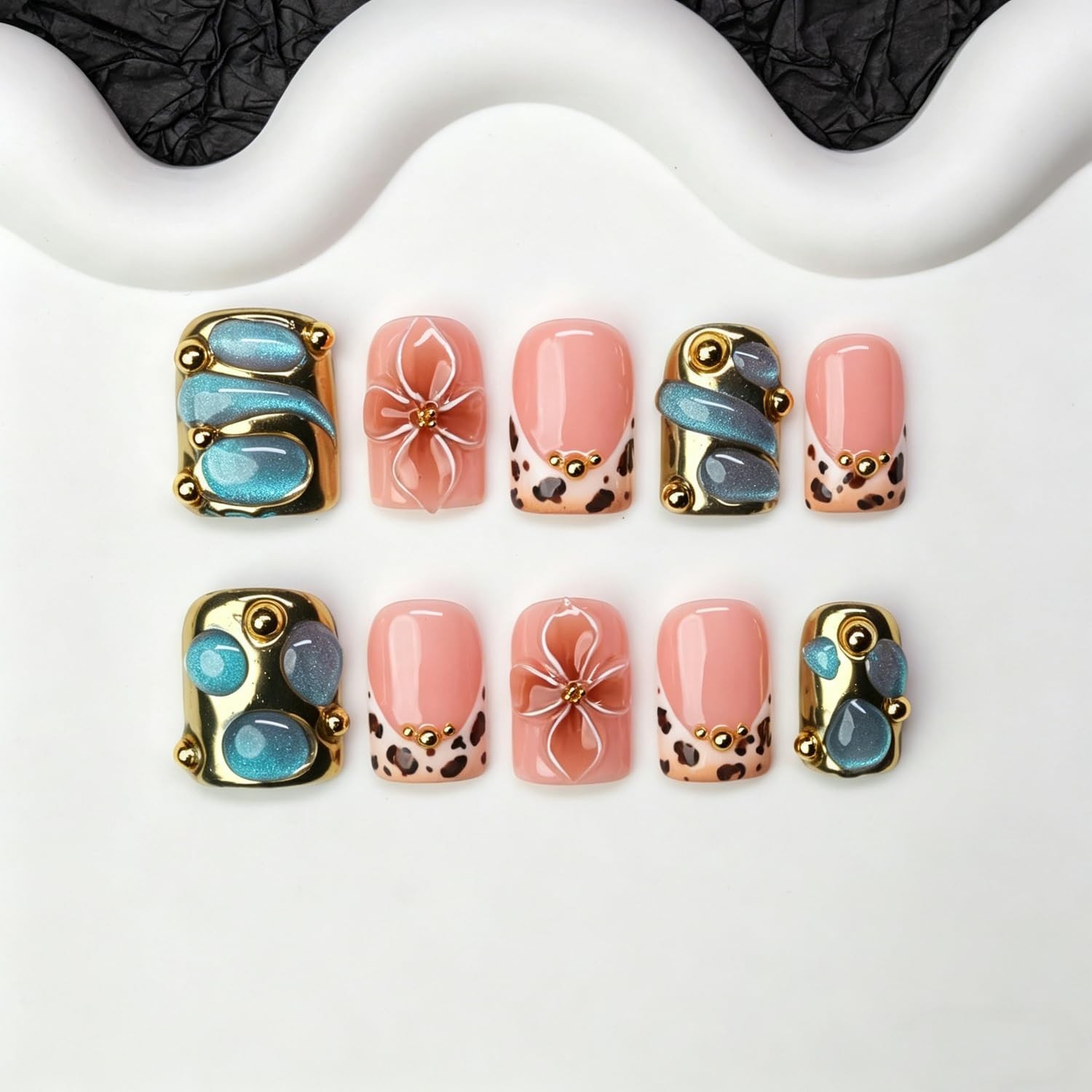 Handmade Short Square Press-On Nails Leopard Print 3D Gold Charms Acrylic Set