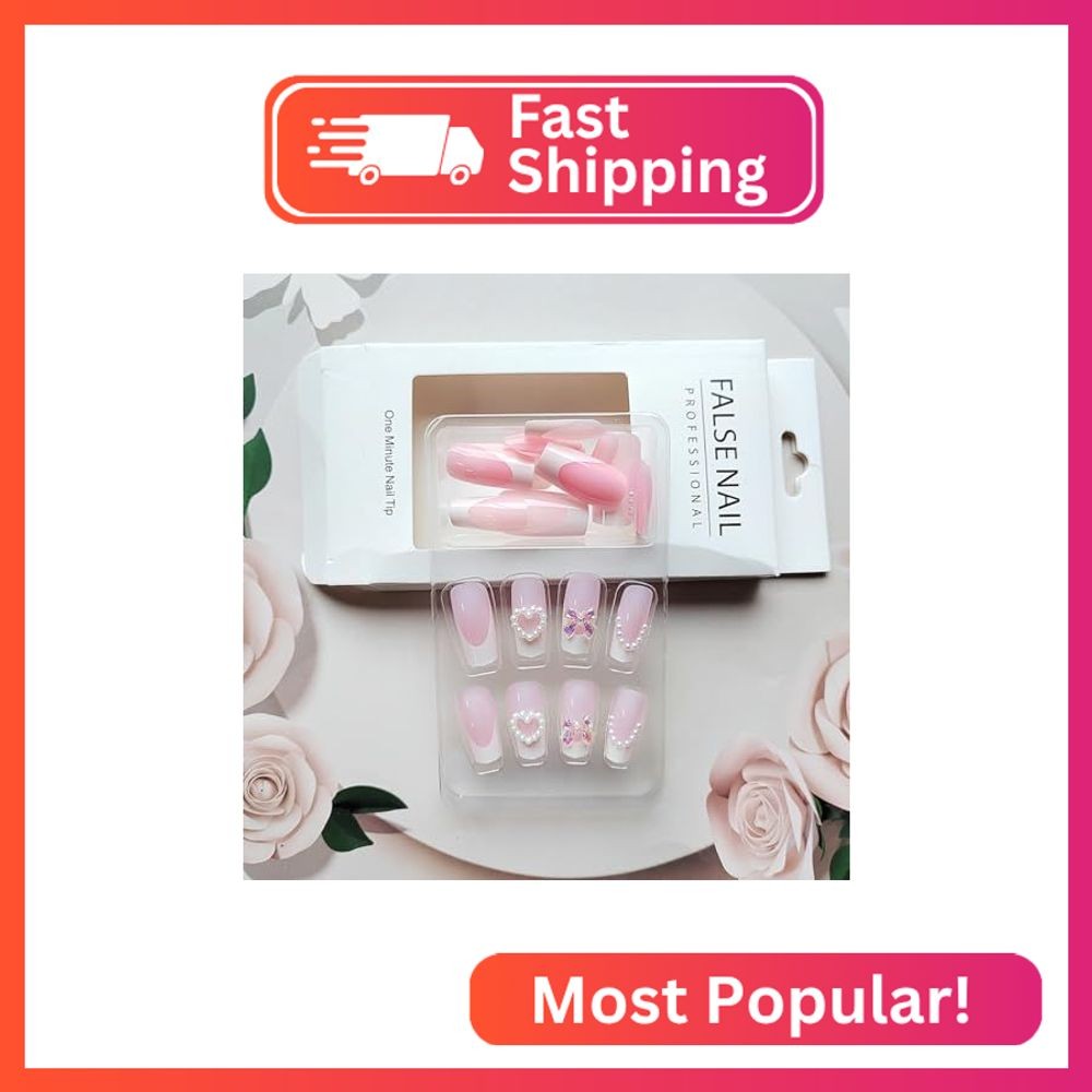 CEWEWP French Tip Press on Nails Long Coffin Square Fake Nails Bow Designs with