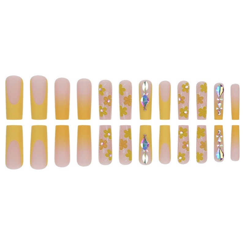 Nude To Yellow Ombre Coffin Press on Nails with 3D Flowers & Rainbow Rhinestones