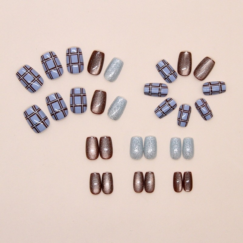 Square Press on Nail Cats Eye Fake Nail with Designs Full Cover Glues on Nail