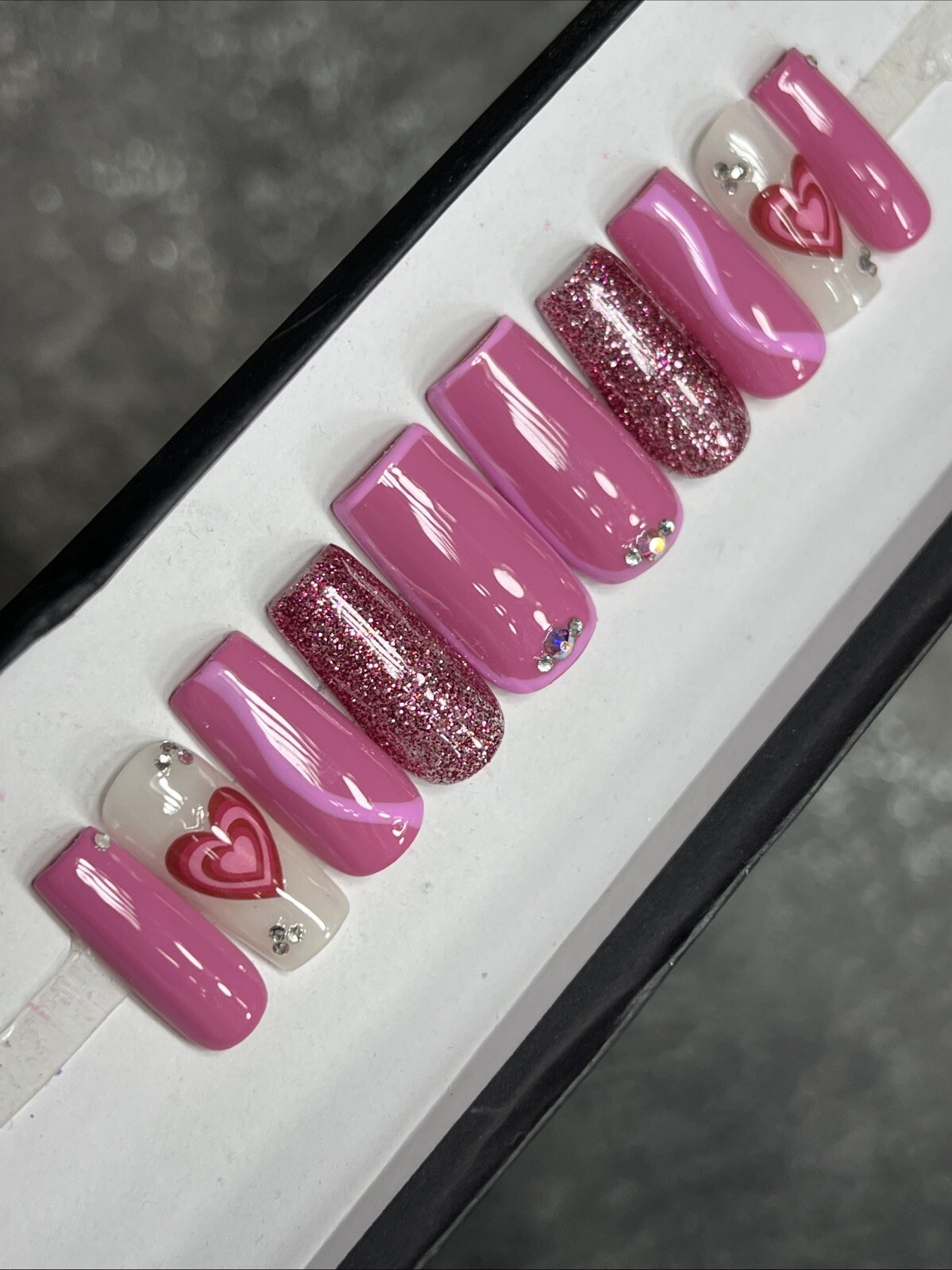 🤍 CUSTOM Hard Gel Press On Nails, Flower Pink Nude BLING 10p FULL SET W Kit