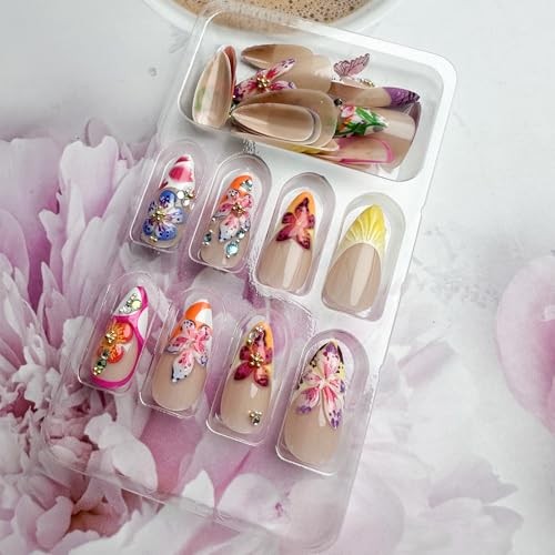 24Pcs Flower Press on Nails Medium Almond Fake Nails with 3D Colorful Spring