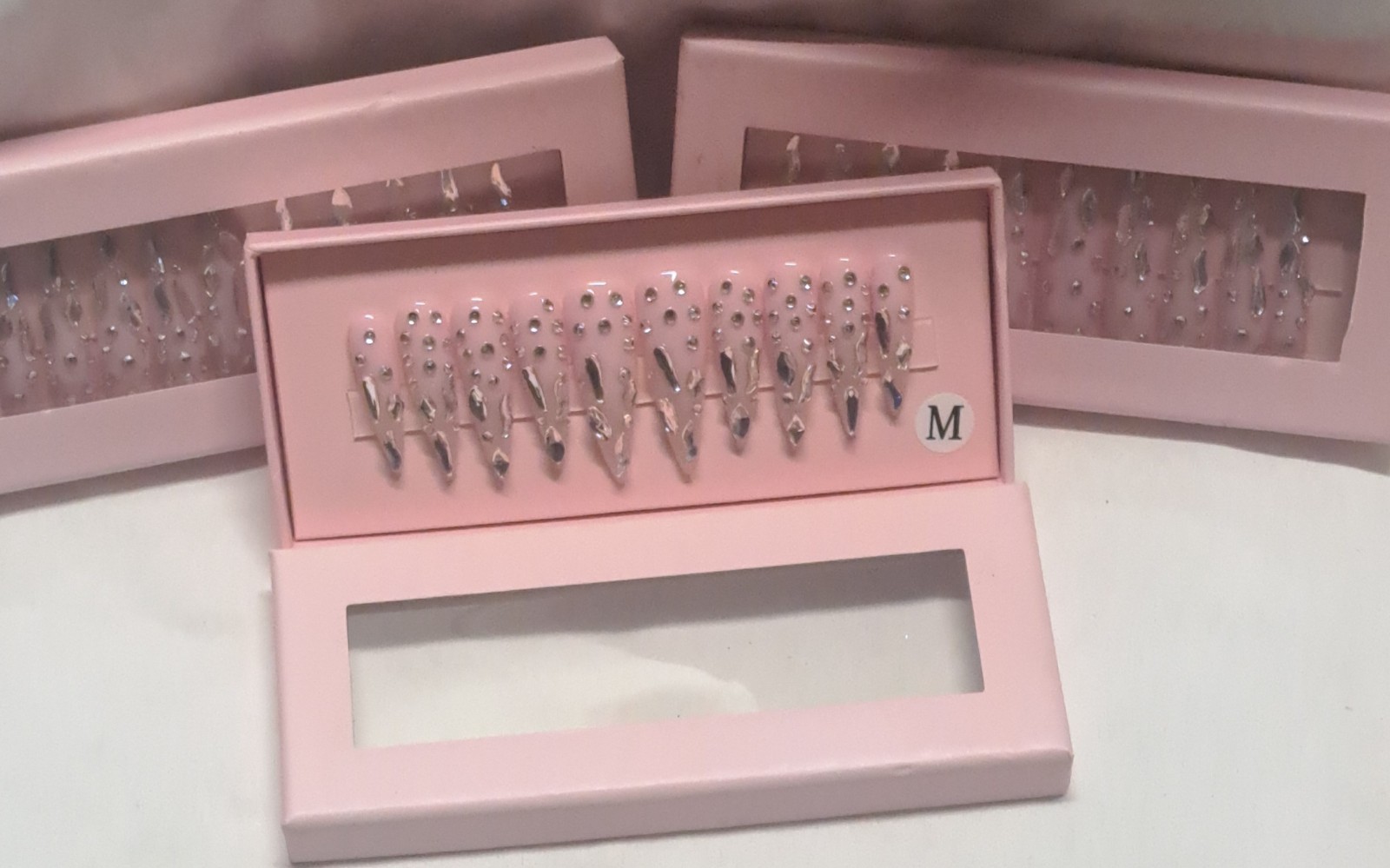 Handmade Almond Stiletto Press On Nails Pink Chrome Drip Rhinestone Bling Glam