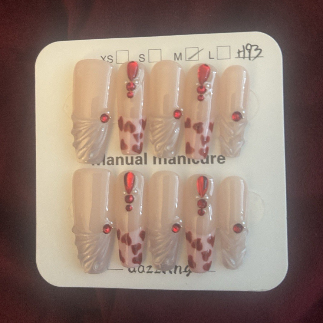 Press-On Nails Set Beige/Red 3D Animal Print Pre-Designed Long Coffin