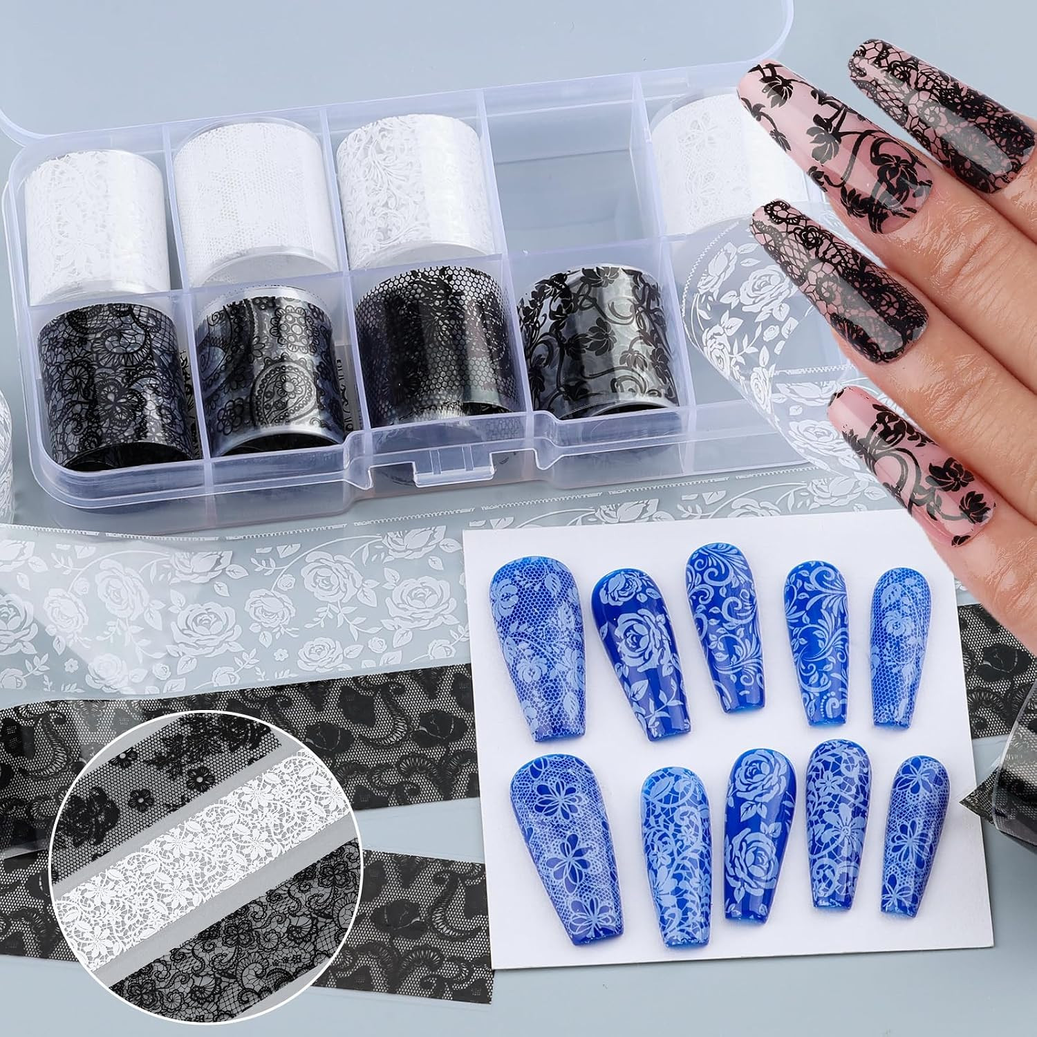 Lace Nail Foil Transfer Sheets, 10 Rolls Black White Flower Nail Art Transfer Fo